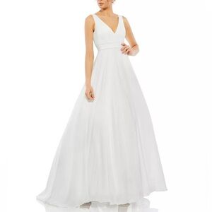 NWT size 4 Mac Duggal white chiffon gown, retail $398 (currently sold at Macy’s)